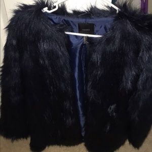 A Dark Blue Long Sleeved Fur Coat from Forever21